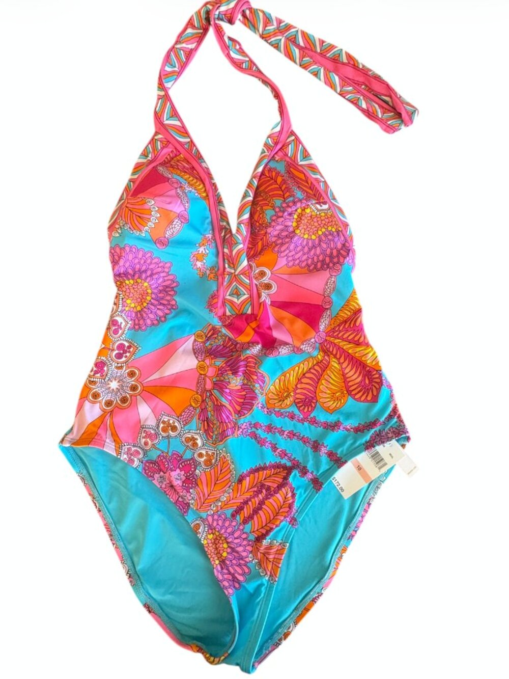 NWT Trina Turk Meilani Border Halter Plunge One Piece Swimsuit